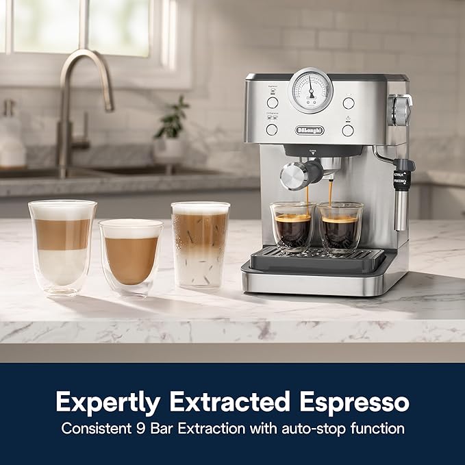 De’Longhi Classic Espresso Machine with Milk Frother, 15-Bar Pump & Temperature Control - Barista Coffee Maker Kit for Espresso, Latte, Cappuccino & Iced Coffee - Italian Stainless Steel Design