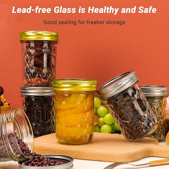 8 oz Glass Mason Jars, 24 Pack Regular Mouth Glass Canning Jars with Silver and Gold Aluminum Lids and Bands, Airtight Jam Jars for Food Storage, Pickling, Fermenting, Honey, DIY Candles Decor