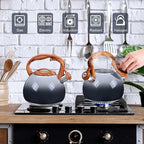 GGC Tea Kettle for Stove Top, 3.1QT/3L Whistling Tea Kettles for Boiling Water Coffee or Milk, Grey&Black Gradient kettle Pot with Wood Parttern Handle, Stainless Steel Pot for Home and Kitchen