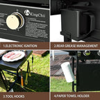 KingChii 28" 3-Burner Griddle with Integrated Protective Hood and Counter Height Side Shelves, Powder Coated Steel, Black