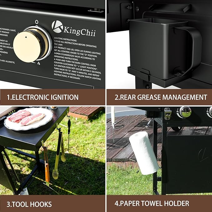 KingChii 28" 3-Burner Griddle with Integrated Protective Hood and Counter Height Side Shelves, Powder Coated Steel, Black