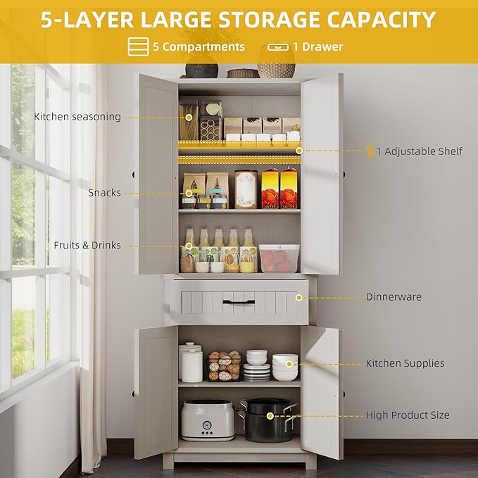 DWVO 72" Tall Farmhouse Pantry Cabinet, Kitchen Storage Pantry with Barn Doors & Drawer, Versatile Organizer with Adjustable Shelves, Rustic Cupboard for Dining Room, Living Room, White Oak