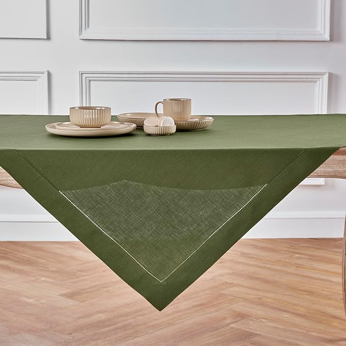 Solino Home Linen Tablecloth 52 x 52 Inch - 100% Pure Linen Olive Square Tablecloth - Classic Hemstitch, Machine Washable Table Throw for Fall, Autumn