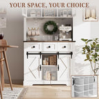72" Farmhouse Bar Cabinet with Sliding Barn Door, Tall Kitchen Buffet with Storage Hutch and 3 Drawer, Rustic Coffee Wine Bar Sideboard with Wine & Glasses Rack, for Living Room, Pure White