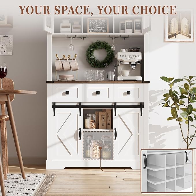 72" Farmhouse Bar Cabinet with Sliding Barn Door, Tall Kitchen Buffet with Storage Hutch and 3 Drawer, Rustic Coffee Wine Bar Sideboard with Wine & Glasses Rack, for Living Room, Pure White