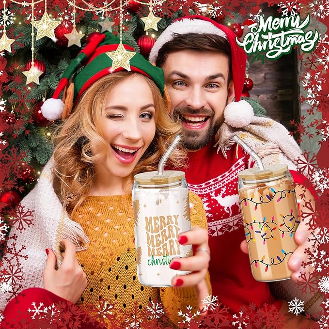 6 Pcs Christmas Glasses 16 oz Xmas Glass Cups with Lid and Straw Can Shaped Beer Tumbler Christmas Appreciation Gifts for Women Teenager Birthday Party Favor