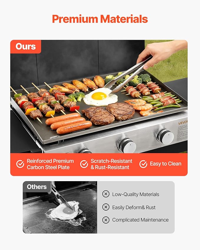 VEVOR Gas Griddle, 3-Burner Flat Top Grill, Propane Griddle with Wheels, Lid, 33000 BTU Outdoor Flat Top Grills for Pan-Frying, Grilling, Stir-Frying, & BBQ, Pulse Ignition, Removable Top Design
