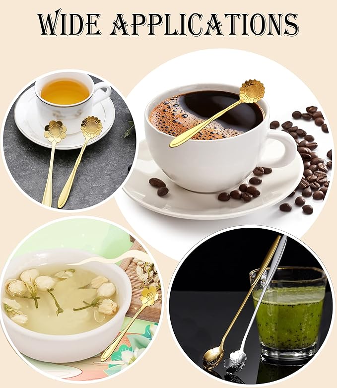 9 Pcs Flower Spoon Coffee Teaspoon Set, ESRISE Stainless Steel Tea Spoon for Tea Party Decorations (Gold)