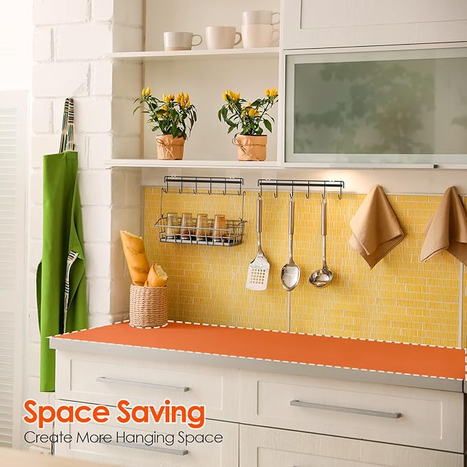 Myfolrena Adhesive Kitchen Hooks Utensil Hanger Holder Hanging Rack 2 Pack, Hanging Rack Wall Mounted Kitchen Rail for Spoons Pot Coffee Mug Cups Tags(Black)