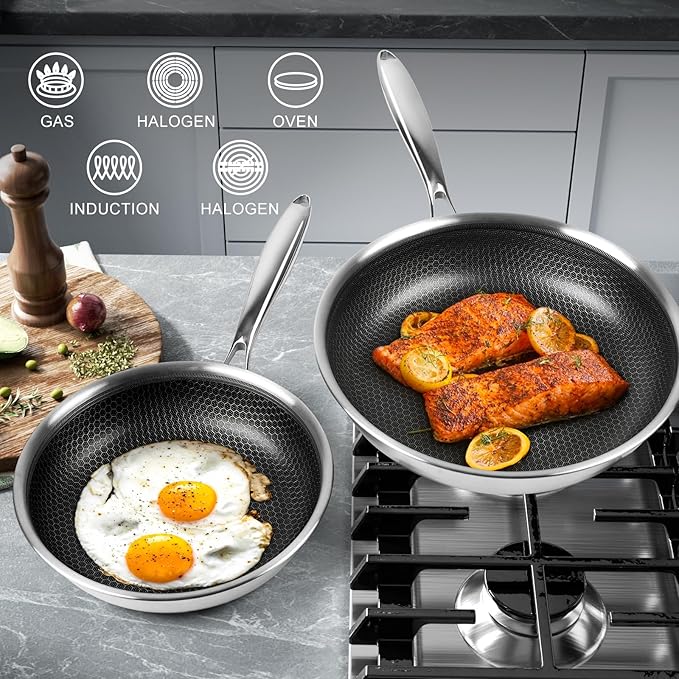 Innerwell Tri-Ply Stainless Steel Frying Pan Set with Lid,8 Inch,9.5 Inch and 11 Inch Nonstick Honeycomb Stainless Steel Cooking Skillet Set of 3 for Induction Gas Stovetops