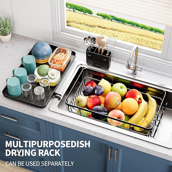 Dish Drying Rack for Kitchen Counter, Large Dish Racks with Drainboard, Kitchen Sink Dish Strainer Rack, Countertop Dish Drainer Rack with Cup & Utensil Holders, Dish Dryer Rack Large Size Black