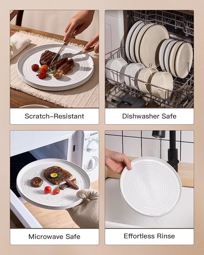 Plates and Bowls Sets for 6, Famiware Premium 18-Piece Stoneware Dinnerware Set, Spiral Dish Set with Straight Rim, Speckles & Reactive Glaze - Microwave & Dishwasher Safe Tableware, White