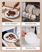 Plates and Bowls Sets for 6, Famiware Premium 18-Piece Stoneware Dinnerware Set, Spiral Dish Set with Straight Rim, Speckles & Reactive Glaze - Microwave & Dishwasher Safe Tableware, White