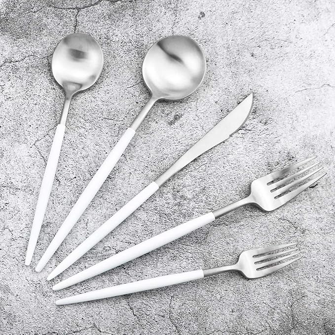 Gugrida 5-Piece Matte Silver Stainless Steel Satin Finish Flatware Set - Dishwasher Safe, Perfect for Camping, Office Lunch or Home Use