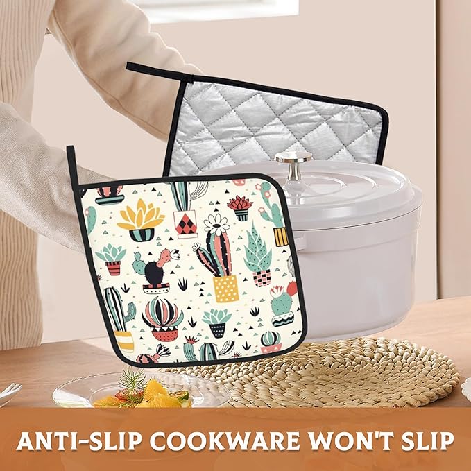Cute Cactus Pot Holders Set of 2, Kitchen Heat Resistant Flowers and Geometric Elements Potholder for Microwave Cooking Baking Oven End Dishes and BBQ