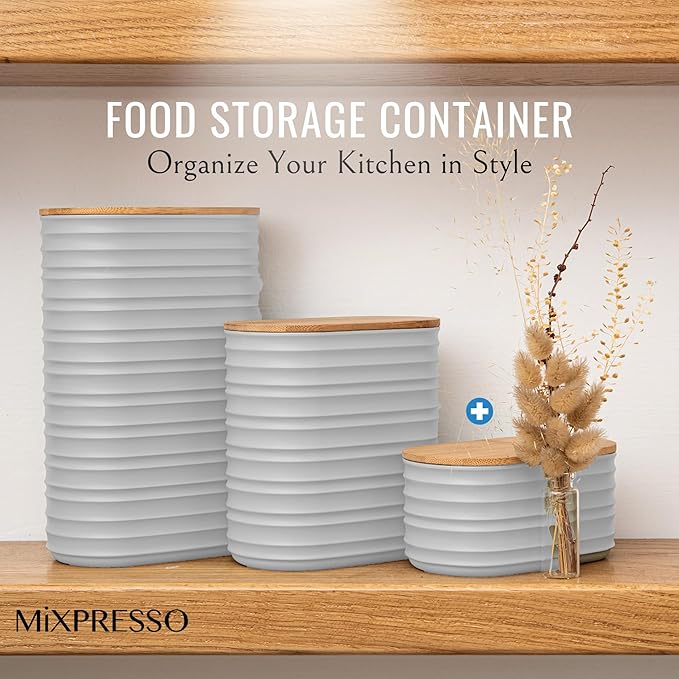 Mixpresso Gray Canisters Sets for the Kitchen – 3-Piece Airtight Plastic Sugar Container Set with Bamboo Lids in Three Different Sizes – Decorative Modern Storage Jars for Coffee, Tea & Countertops