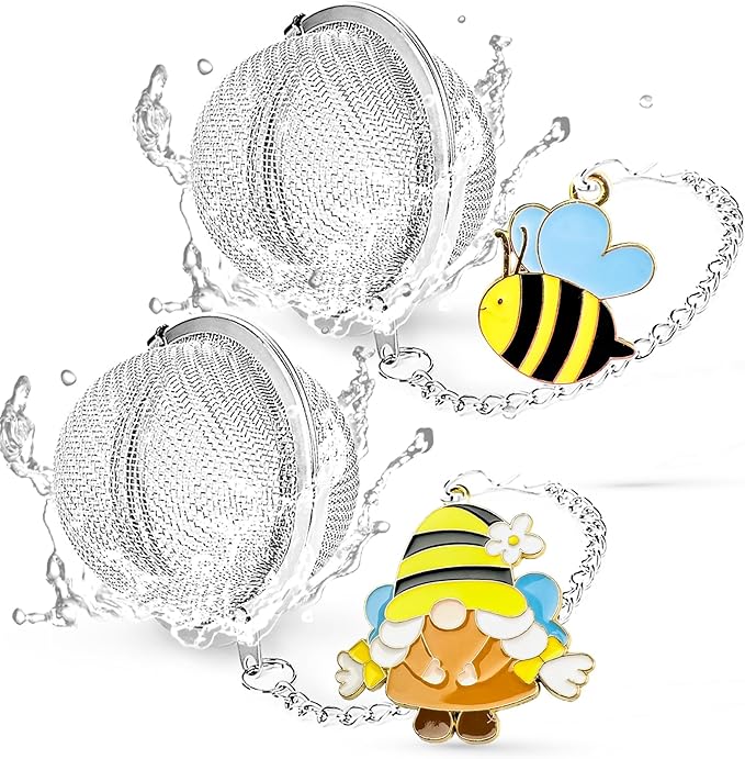 2 Pack Tea Infuser for Loose Leaf Tea with Gnome & Honey Bee Charms - 304 Stainless Steel Tea Steeper, Nature Themed Tea Gift