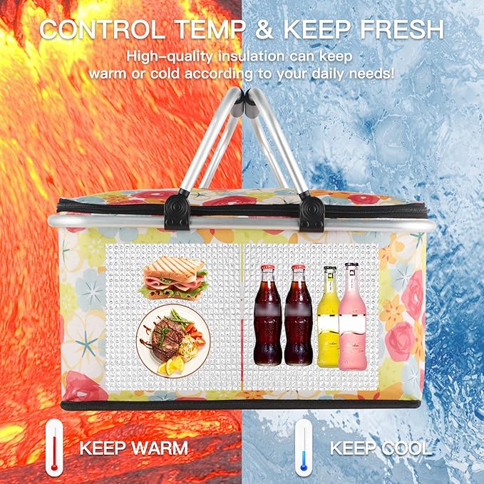 Insulated Picnic Basket,Collapsible Cooler Bag,32L Grocery Basket with Lid,2 Sturdy Handles,Storage Basket for Picnic,Food Delivery,Take Outs,Market Shopping,Travel (Flower)