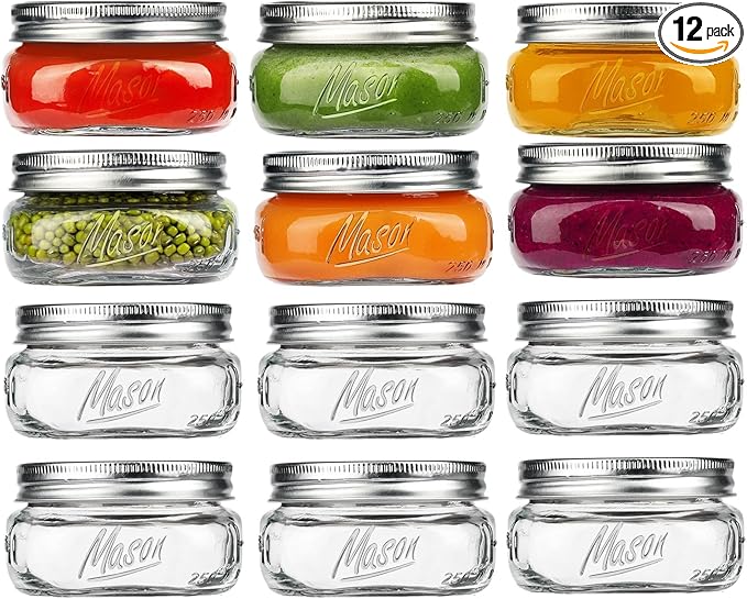 Mason Jars, 8 OZ, Wide Mouth, 12 Pack with Lids and Bands, Glass Canning Jars for Canning, Pickling, Preserving, Jam, Honey, Wedding Favors, Shower Favors (12 Pack, Clear)