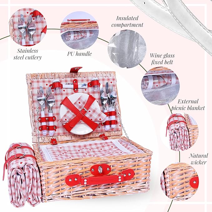 Picnic Basket Set for 4 with Waterproof Blanket Mat Insulation Bag Wicker Floral Pink Red Love Plaid Cute Kawaii Gift for Wedding Birthday Summer Camp Outdoor Camping Beach Travel Christmas