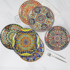Dinner Plates 6 pcs,8.5 Inch Ceramic Plates, Microwave, Oven and Dishwasher Safe, Colorful Bohemian Style Dishes for Kitchen