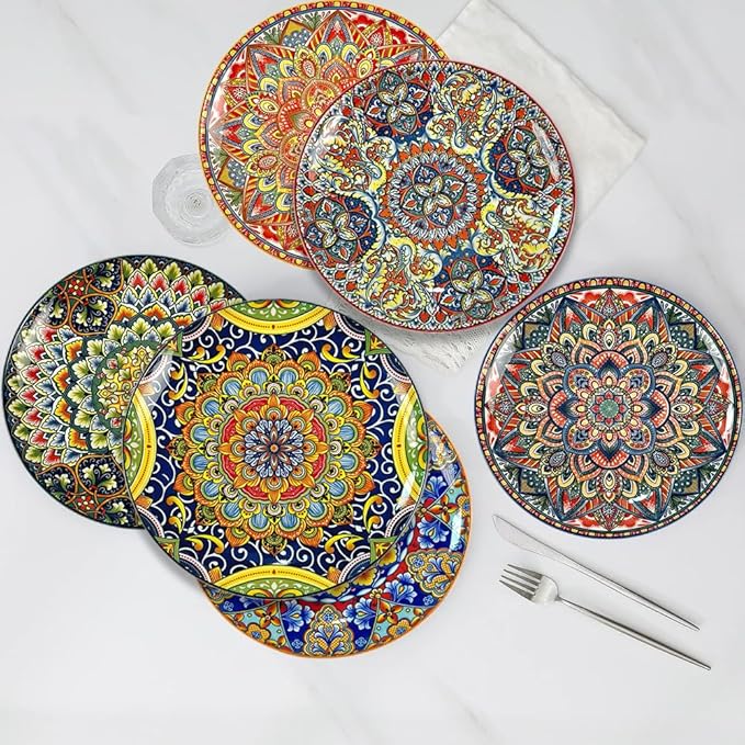 Dinner Plates 6 pcs,8.5 Inch Ceramic Plates, Microwave, Oven and Dishwasher Safe, Colorful Bohemian Style Dishes for Kitchen