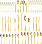 KINGSTONE Gold Hammered Silverware Set, Flatware Set with Serving Utensils, 18/10 Stainless Steel Premium Cutlery with Unique Ripple Handles Design Mirror Polished - Dishwasher Safe (45-Piece)