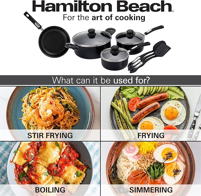 Hamilton Beach Aluminum Covered Cookware Set, Nonstick Saucepan Frypan, Dutch Oven with Soft Touch Bakelite Handle, | Spiral Bottom- Multipurpose Use | Durable & Dishwasher Safe |10pc, Black |