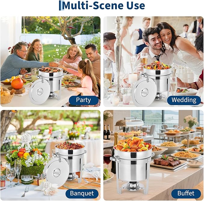 Commercial 7QT Soup Chafer Set, 4 Pack Stainless Steel Round Food Warmers Set with Pot, Notched Lids & Fuel Containers, Soup Warmers Ideal for Buffet Service & Event Catering