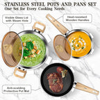 13-Piece Stainless Steel Cookware Set with Nonstick Frying Pans, Sauce Pots & Stock Pot, Heavy Duty Pots and Pans Set, Wooden Handles & Triple Layer Bottom, Induction Cookware, Easy to Clean
