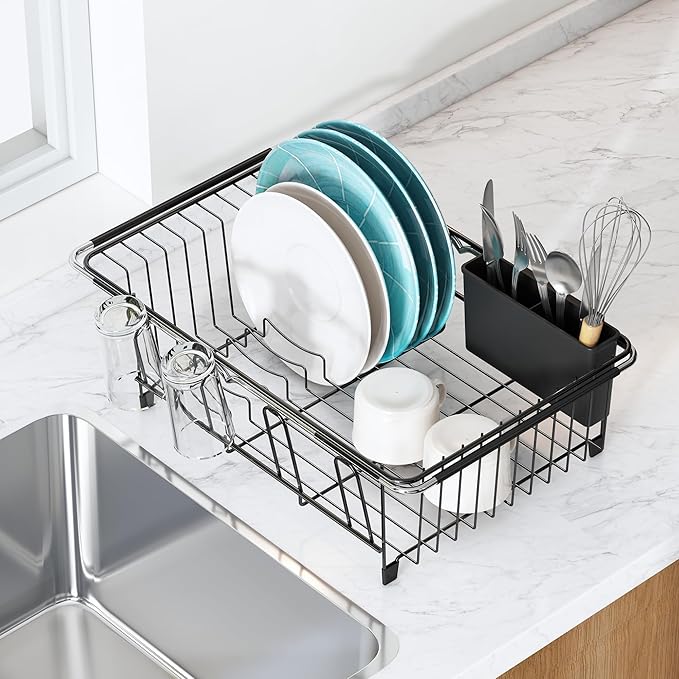 MAJALiS Dish Drying Rack in Sink - Small Dish Drainers for Kitchen Sink, Over The Sink Dish Racks with Utensil Holder, Stainless Steel Dish Rack in Sink, Black