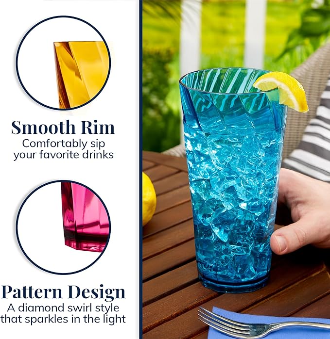 US Acrylic Optix Plastic Reusable Drinking Glasses (Set of 8) 26oz Iced-Tea Cups in Jewel Tone Colors | BPA-Free Tumblers, Made in USA | Top-Rack Dishwasher Safe