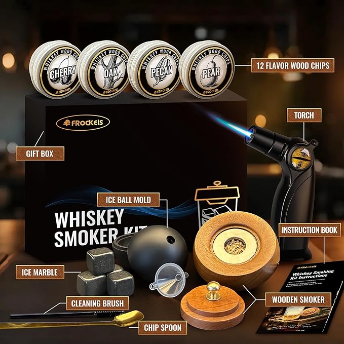 Cocktail Smoker Kit for Drinks with Torch, 22PCS Whiskey Smoker Gift Set, 12 Wood Chip Flavors, Ice Mold, Stone Cubes & Accessories for Home Bar (No Butane)