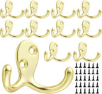 Coat Hooks Wall Hooks for hanging - 15 pack Gold Double Prong Hook Wall Mounted - Great for Living Room, Bedroom, bathroom, Closet for Coat, Bag, Towel, Hat, Key, Cup, Heavy-Duty, Easy to Install