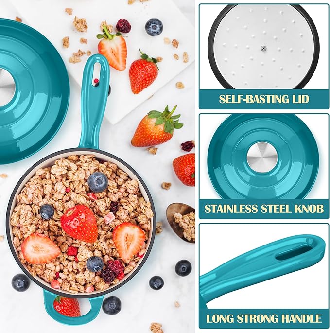 E-far Enameled Cast Iron Sauce Pan with Lid, 1 Quart Dutch Oven Saucepan, Mini Sauce Pot for Cooking, Boiling, Healthy & Non Toxic, Induction & Oven Safe, Green