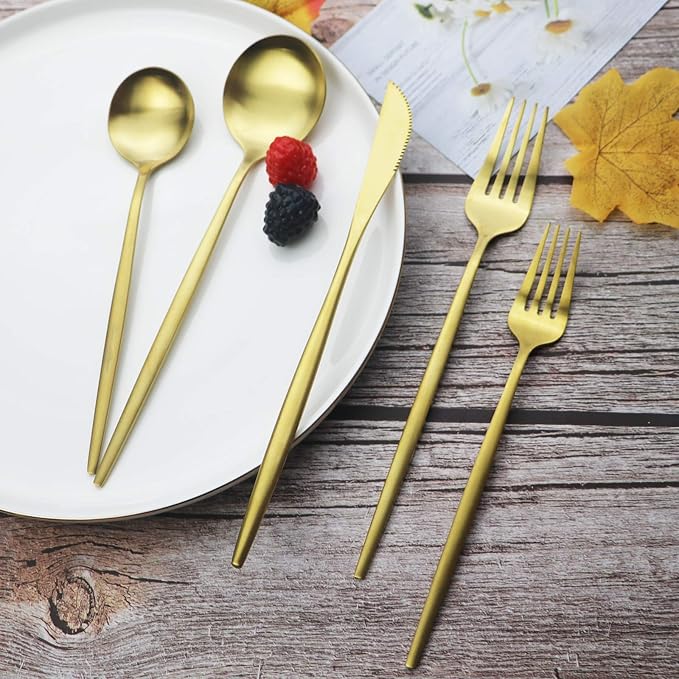 JASHII Flatware Silverware Set - Stainless Steel Satin Finish Cutlery Service for 6, 30-Piece Spoons and Forks Kitchen Utensils, Dishwasher Safe (Matte Gold)