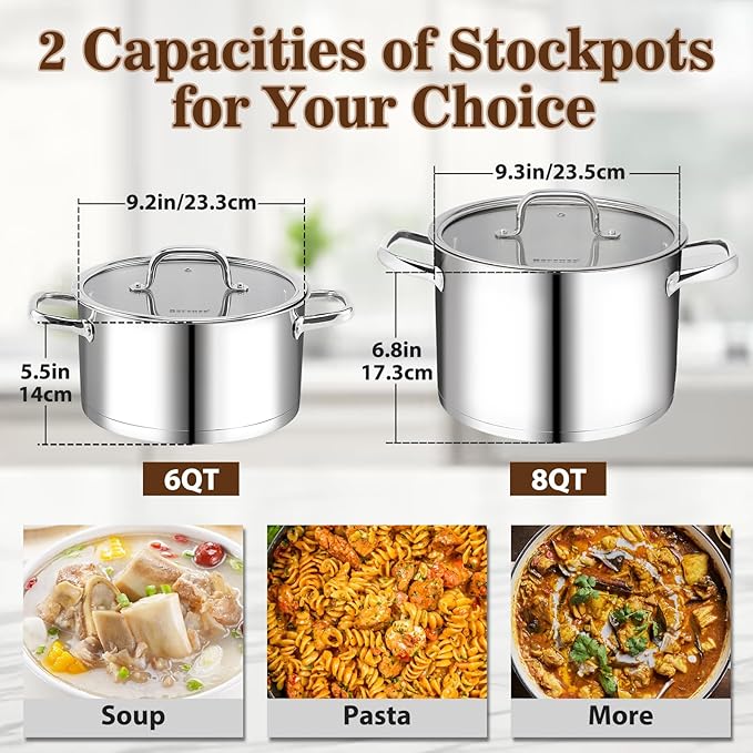 Rorence Stainless Steel Stock Pot, Tri-Ply Base Large Pot Induction Cooking Pot with Lid for All Stoves, Oven & Dishwasher Safe, 6-Quart