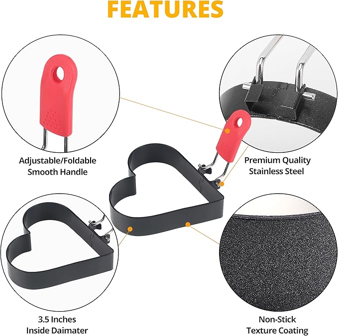 3.5 Inch Egg Ring with Foldable Handle, Stainless Steel Heart Shaped Egg Rings for Frying Eggs, English Muffins, Cooking Breakfast Sandwich Burger, 2 Pack