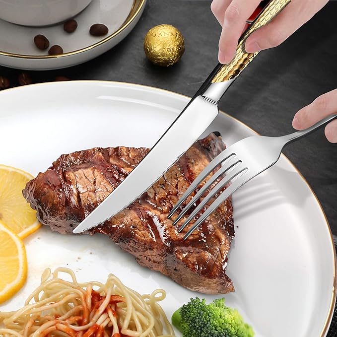 Lemeya 40-Piece Hammered Silver Gold Silverware Set for 8 with Serrated Forging Knives,18/10 Stainless Steel Modern Flatware Set,Unique Cutlery Set Spoons and Forks Set,Mirror Polished,Dishwasher Safe