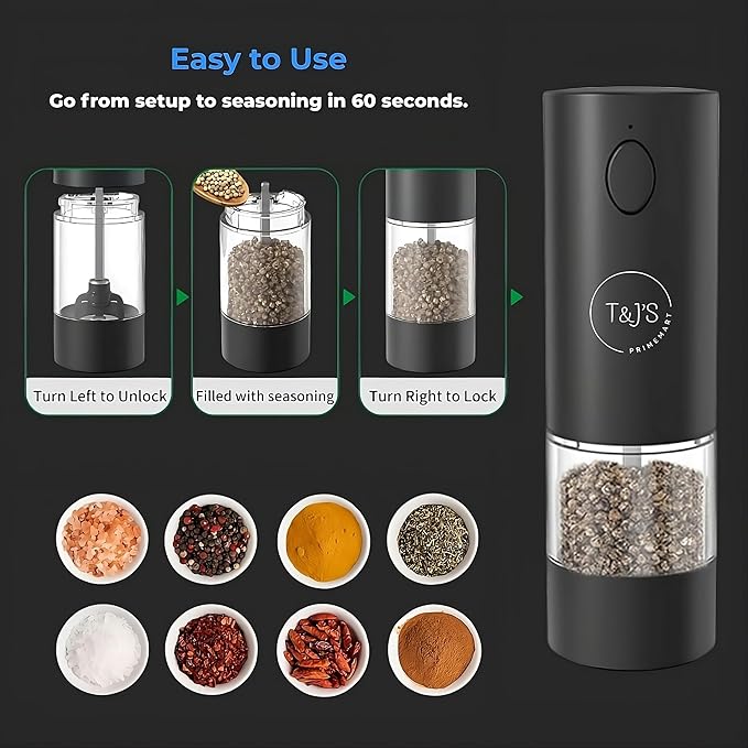 T&J's Upgraded Larger Capacity Electric Salt and Pepper Grinder Set Rechargeable (2 Pack) One Hand Operation with Storage Base, Five-Level Adjustable Coarseness and Warm LED Light, Black