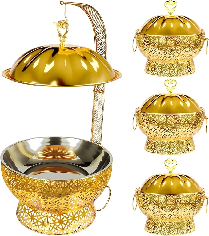 8QT Chafing Dishes Set, Luxury Stainless Steel Round Gold Buffet Warmers with Rolled Edge for Catering, Weddings, Parties, Hotels (4-Pack)