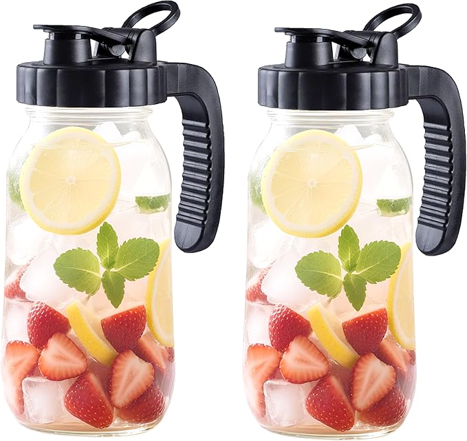 64 Oz Glass Mason Jar Pitcher With Lid 2 Quart Wide Mouth Cold Hot Water Pitcher Half Gallon Sun Tea Coffee Jug For Fridge Lemonade, Milk,Juice, Cold Brew Coffee Iced Tea Container Leakproof 2 Set