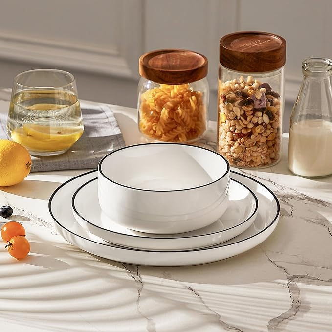 MALACASA 24 OZ Cereal Bowls, Porcelain Soup Oatmeal Bowls Set of 6, White Kitchen Ceramic Serving Bowl wtih Black Rim, Dishwasher Microwave Oven Safe, White, Series LUNA