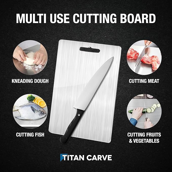 Titan Carve Titanium Cutting Board | Double-Sided Metal Titan Carve Cutting Board for Kitchen Chopping Board Dishwasher Safe, Rustproof & Durable for Meat & Vegetables | 13.4 x 9 Inches