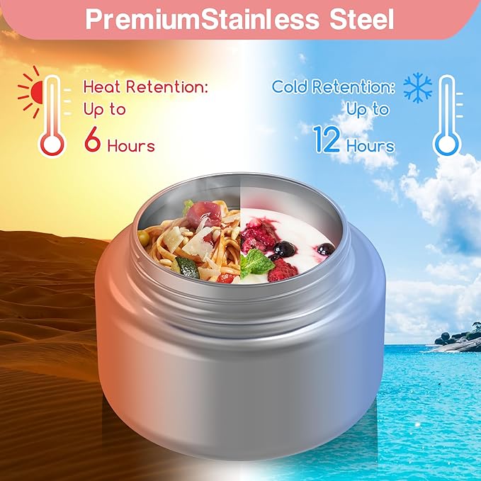 Bento Box for Kids - Leak-Proof Lunch Box with Insulated Thermos Food Jar - 4 Compartments, 1 Removable Divider, 1Spoon, 1 Fork - Dishwasher Safe, BPA-Free (Light pink)