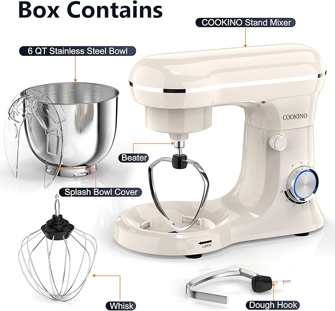 Electric Stand Mixer,10 Speeds Tilt-Head Food Mixer, 3-IN-1 Kitchen Mixer for Daily Cooks with Dishwasher-Safe 6QT Bowl,Dough Hook, Beater, Whisk (Almond Cream)