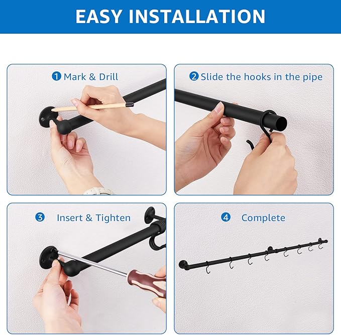 ROTHLEY Hanging Pot Rack Hanger: 39.4 Inch Stainless Steel Pot and Pan Hanger Pot Rack Wall Mounted Hanging Pots and Pans Rack Pot Hangers for Kitchen Utensil Rail with Hooks (Matt Black