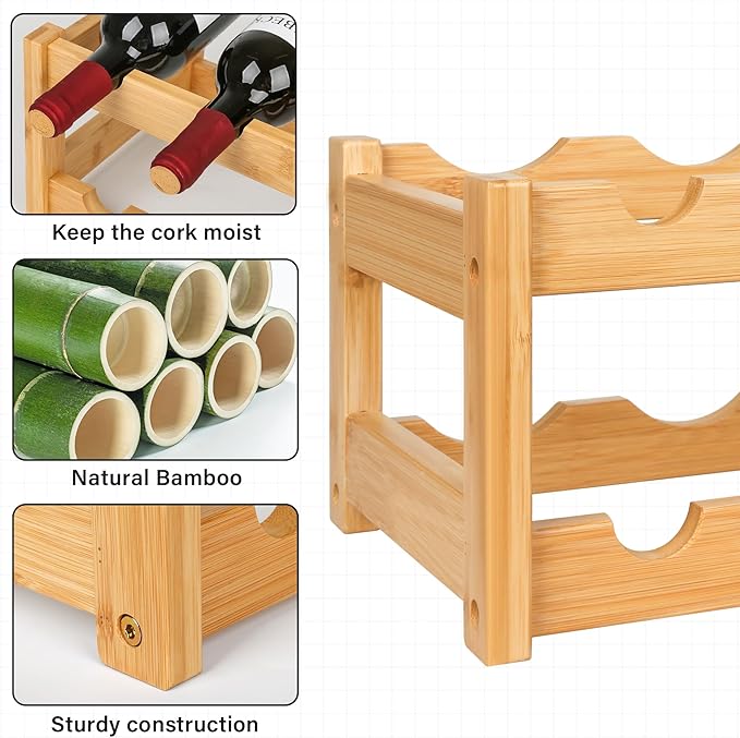 VASMIA Wine Rack, 2-Tier Bamboo Wine Racks Countertop Cabinet Wine Holder Wine Storage Shelf for Pantry Kitchen Bar, Natural