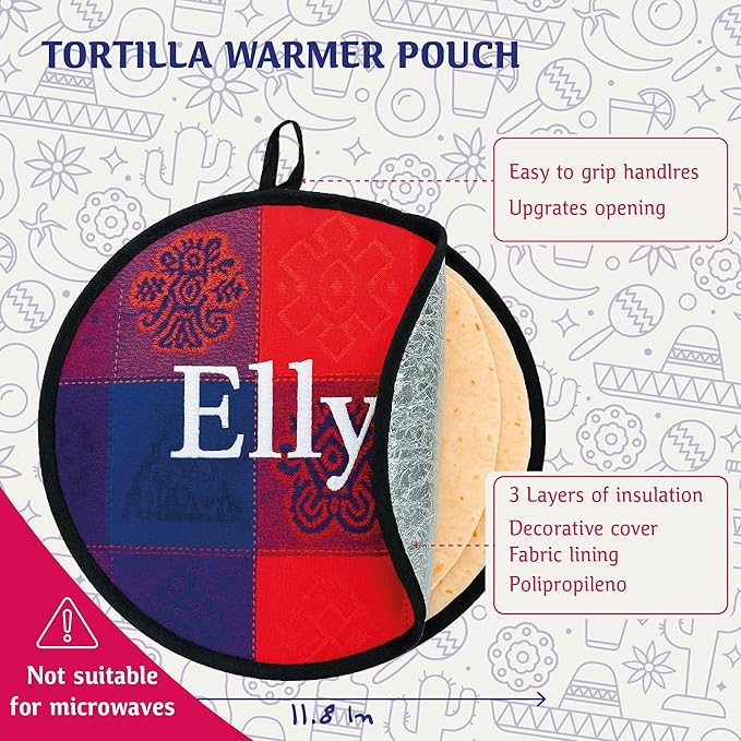 Elly Mexican Molcajete 8in, Handmade with Natural Volcanic Stone, Mortar and Pestle Set for Guacamole, Spices, Salsa, Pesto & More, Authentic Lava Rock, Includes Free Tortilla Warmer