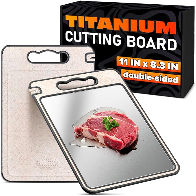 Titanium Cutting Board for Kitchen 14.3"x9.8" - Double Sided Metal Cutting Board Titanium GR1 for Meat & Wheat Straw PP for Fruits - Non-Slip, Built-in Knife Sharpener, Garlic Grater & Juice Grooves